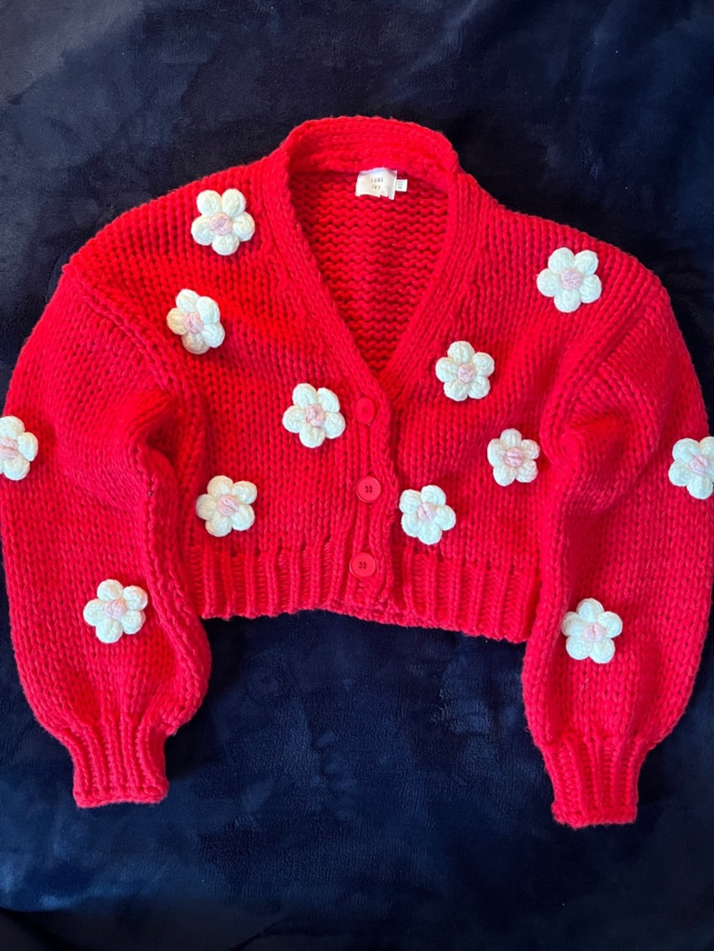 Red Cropped Knit Cardigan with White Daisy Appliqués
